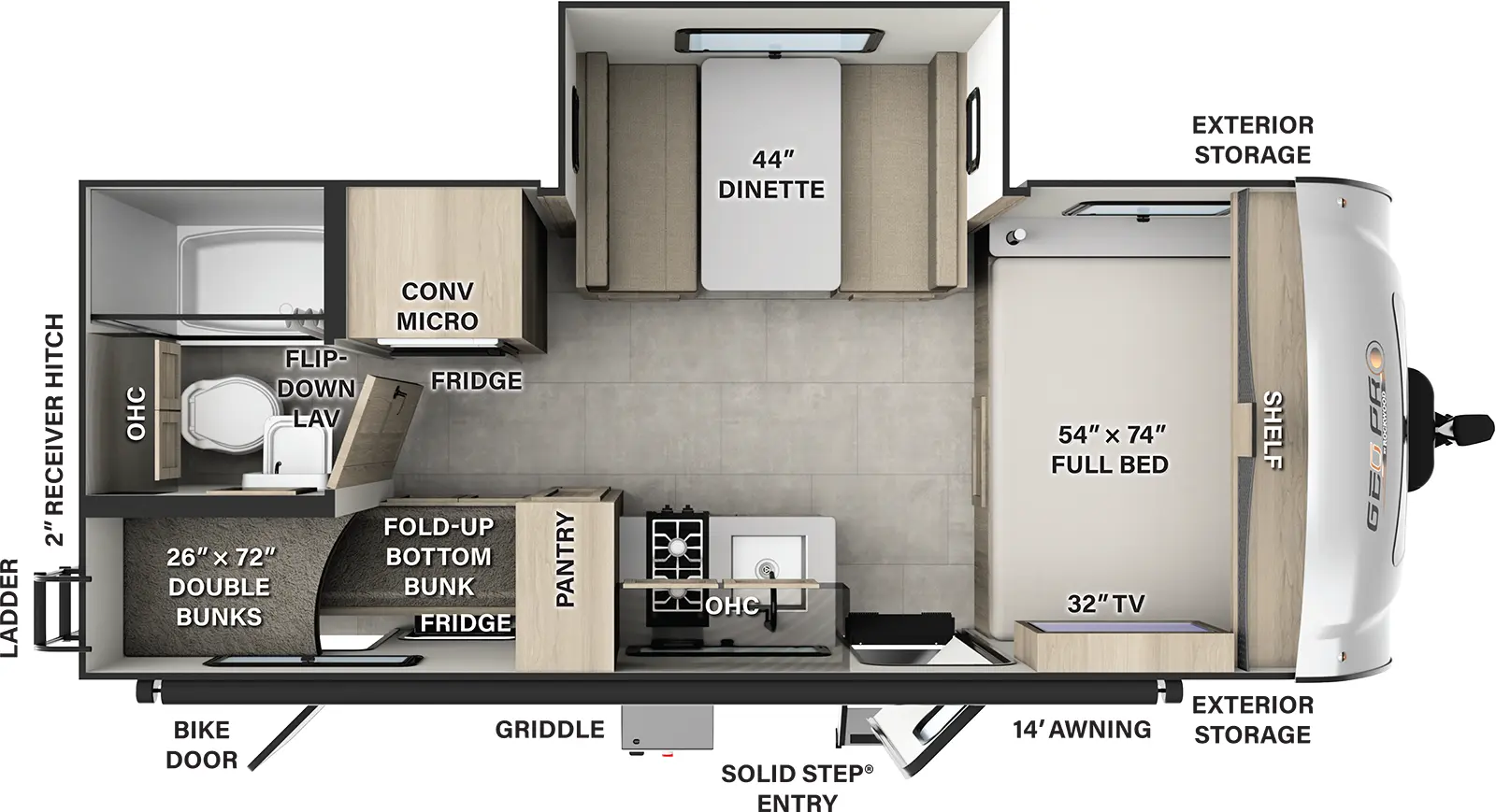 The Rockwood Geo Pro G20BH has one entry and one slide out. Exterior features include: fiberglass exterior and 14' awning. Interiors features include: bunk beds and front bedroom.